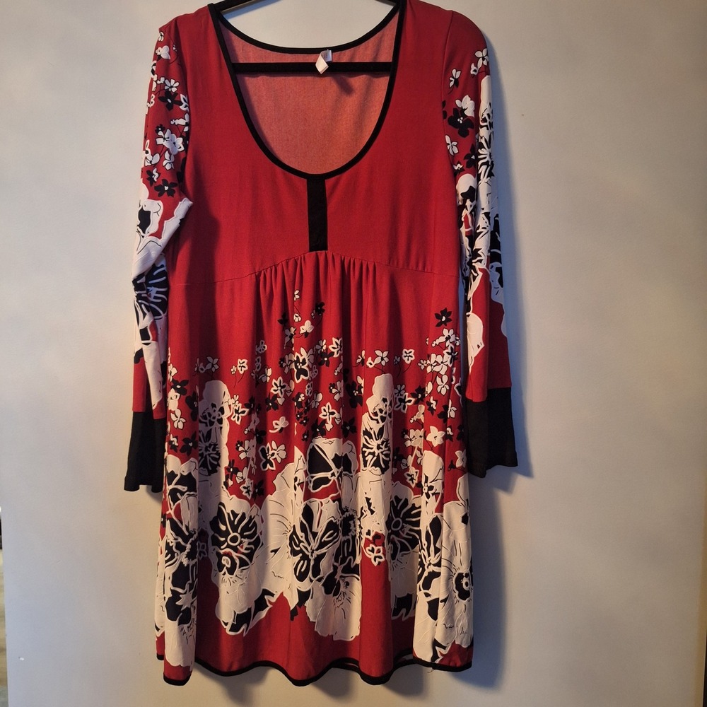 Rosegal Red Floral Empire Waist Babydoll Long Sleeve Dress Size Large